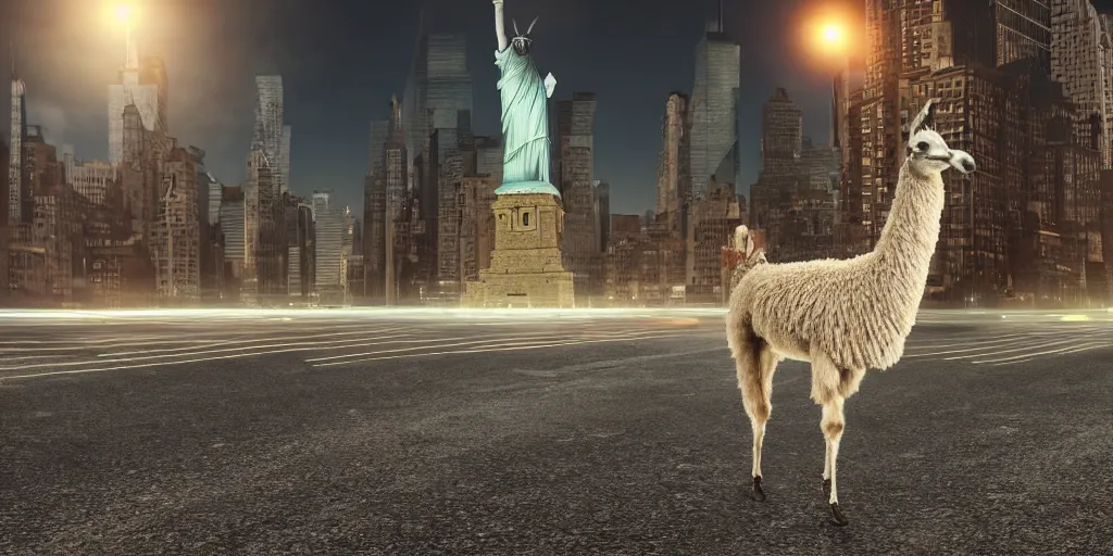 Image similar to a llama walking through a desolate manhattan city street at night, statue of liberty seen in the background, realistic 4 k octane beautifully detailed render, 4 k post - processing, highly detailed, intricate complexity, epic composition, magical atmosphere, cinematic lighting, masterpiece, ultra hd