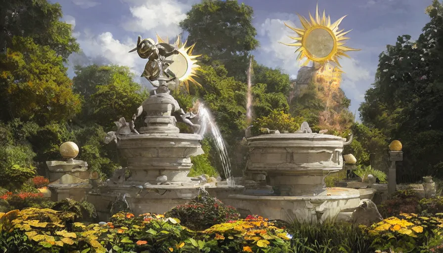 Image similar to craig mullins and studio ghibli illustration of a sculpture of the sun on top of a fountain in a garden, flowers, unreal engine, hyper realism, realistic shading, cinematic composition, realistic render, octane render, detailed textures, photorealistic, wide shot