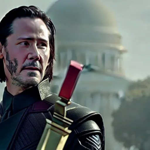 Image similar to film still of Keanu Reeves as Loki holding scepter in Avengers Endgame