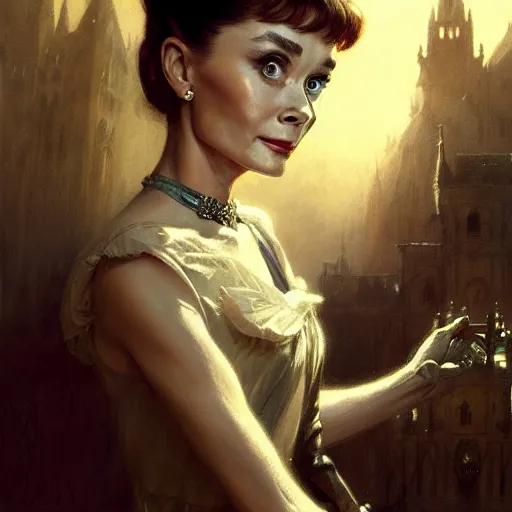 Image similar to audrey hepburn in a horror novel, haunted mansion, various backgrounds, highly detailed, digital painting, artstation, matte, illustration, art by gaston bussiere, greg rutkowski, j. c. leyendecker