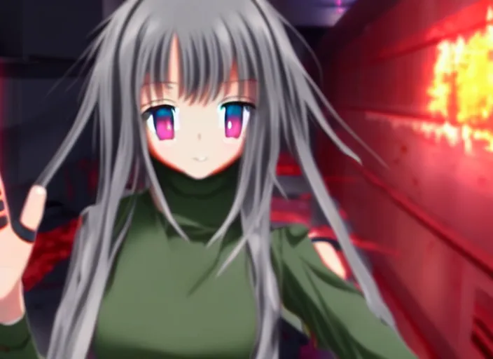 Prompt: an anime girl in a screenshot of the video game doom, the anime girl is smiling