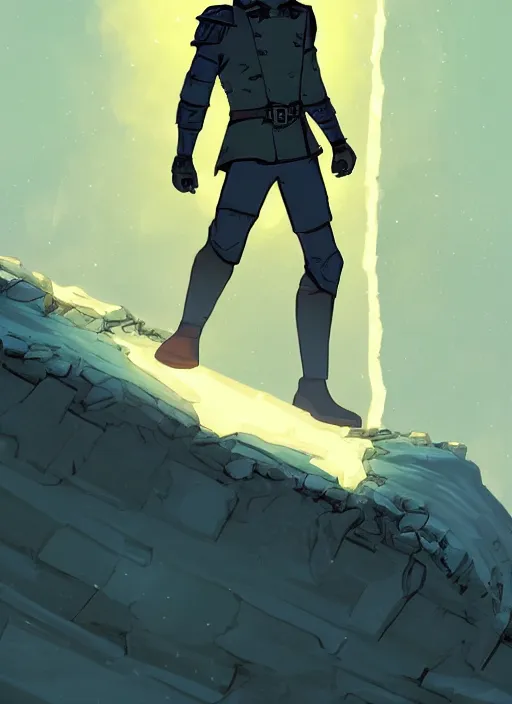 Prompt: comic book art of a [ man ] in trenchcoat in armour crossing a [ old bridge ] above a [ crevasse ] [ giant gemstones ], looking up at a glowing beam of light crystal, [ low angle ], artstation illustration, elegant, arcane by tim doyle