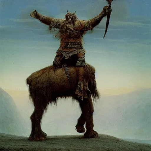 Image similar to ancient mammoth rider, wearing norse armor, beksinski