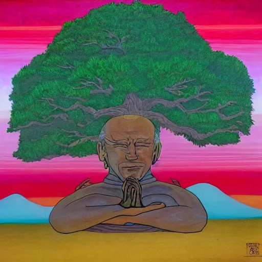Image similar to joe biden meditates under the bodhi tree, third eye, tempera on wood
