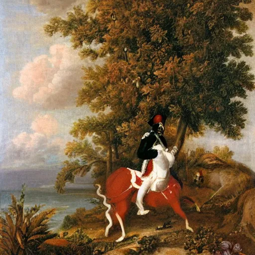 Prompt: a giant!!! squirrel carrying napoleon bonaparte on its back, beach scene with flowers and foliage, detailed oil painting