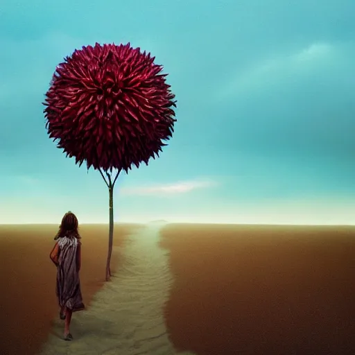 Image similar to closeup giant dahlia flower head, girl walking between dunes, surreal photography, sunrise, blue sky, dramatic light, impressionist painting, digital painting, artstation, simon stalenhag