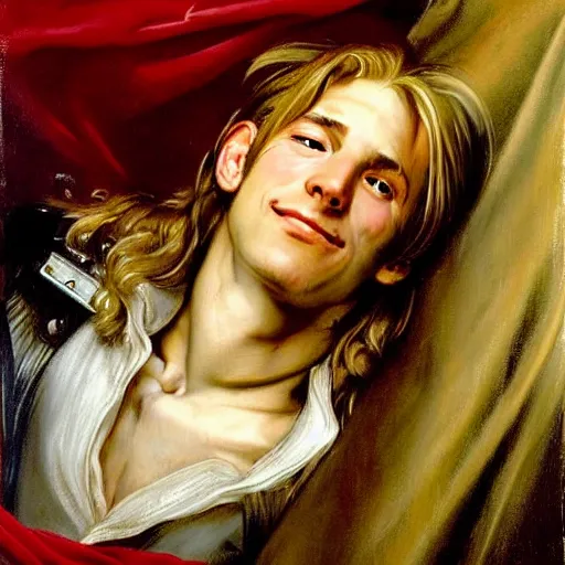 Prompt: beautiful portrait painting of Edward Elric with long curly blond hair, delicate young man wearing an open poet shirt smiling sleepily at the viewer, symmetrically parted curtain bangs, in love by Peter Paul Rubens and Norman Rockwell