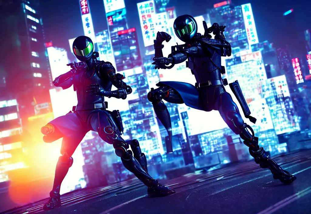 Image similar to kamen rider action pose, with cyberlook belt, human structure concept art, human anatomy, full body hero, intricate detail, hyperrealistic art and illustration by maxx soul and irakli nadar, global illumination, blurry and sharp focus, on tokyo cyberpunk night rooftop, frostbite engine