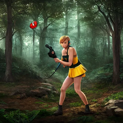 Image similar to jennifer lawrence as a pokemon trainer, in a dark forest, extremely detailed digital art, trending on artstation hyper realistic matte painting