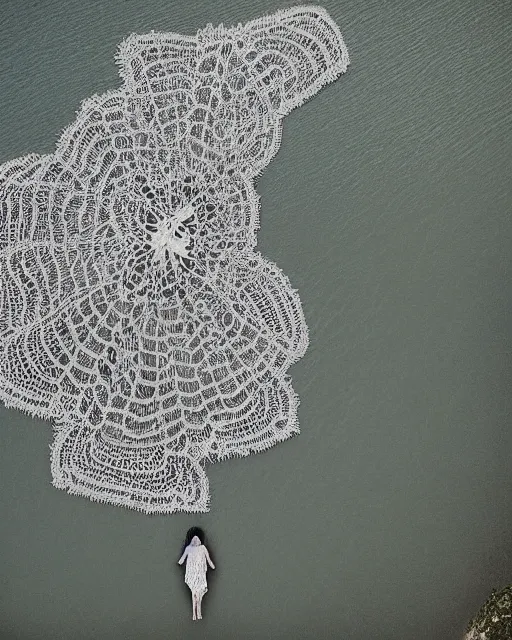 Prompt: a woman sitting on a beach, made of intricate decorative lace leaf skeleton, shot from a drone, in the style of the dutch masters and gregory crewdson, dark and moody