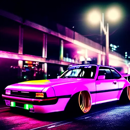 Image similar to a car S30 turbo drift at illegal car meet, shibuya prefecture, night mist neon lights, cinematic color, photorealistic, highly detailed wheels, highly detailed