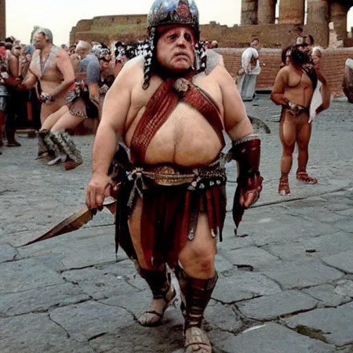 Prompt: Danny DeVito dressed as a gladiator in the streets of Ancient Rome