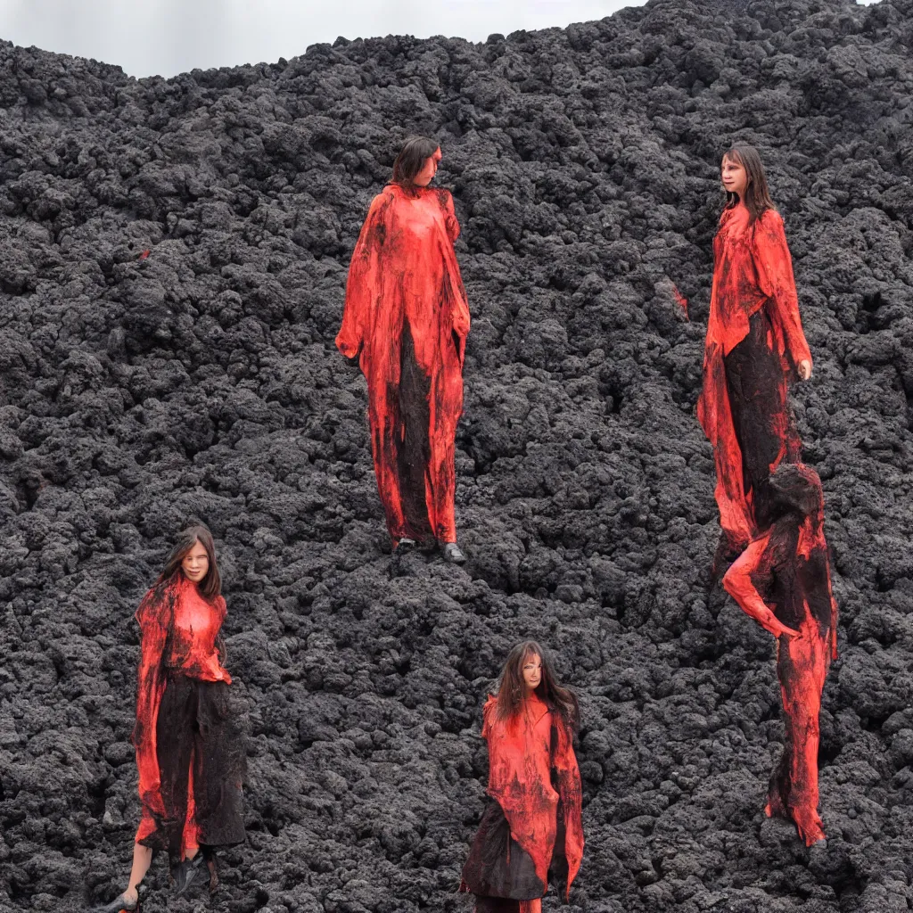 Image similar to fashion portrait in volcano lava eruption.