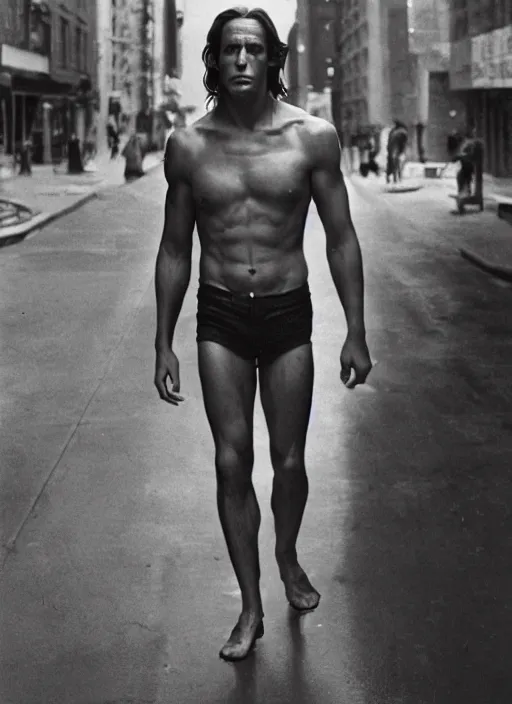 Prompt: film still, portrait of tarzan walk on the street of new york, by charlotte grimm, natural light, detailed face, beautiful features, symmetrical, 8 k, medium - format print, half body shot