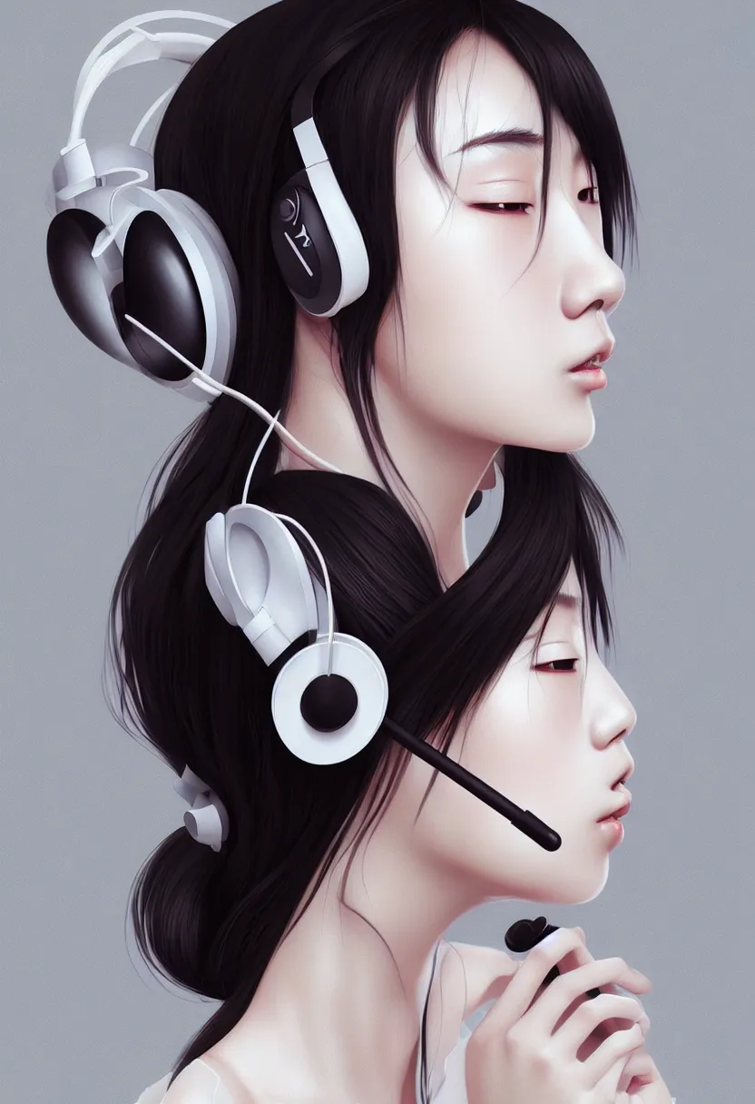 Prompt: japanese young woman waist up portrait, headphones listening to music, elegant as fashion editorial shot, highly detailed, smooth, sharp focus, dramatic lighting, volumetric lighting, cinematic lighting, art by artgerm and and wlop