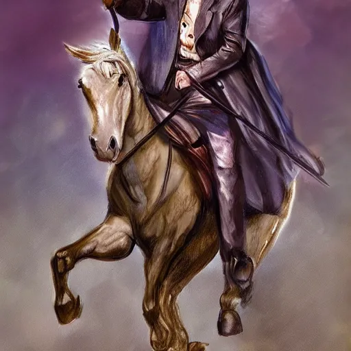 Image similar to saul goodman riding a horse while holding a sword, digital art, high rated, realistic