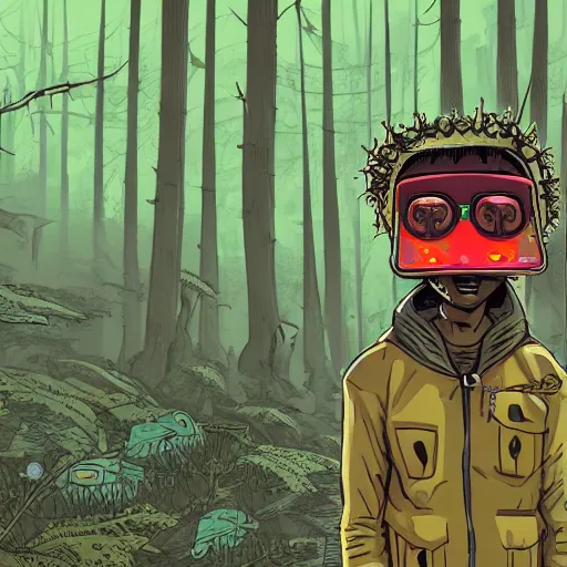 Image similar to in the style of ghostshrimp and deathburger and laurie greasley a young mixed race male explorer wearing a cyberpunk headpiece who is exploring in an enchanting and lush forest , low angle fish eye lens, highly detailed, 8k wallpaper