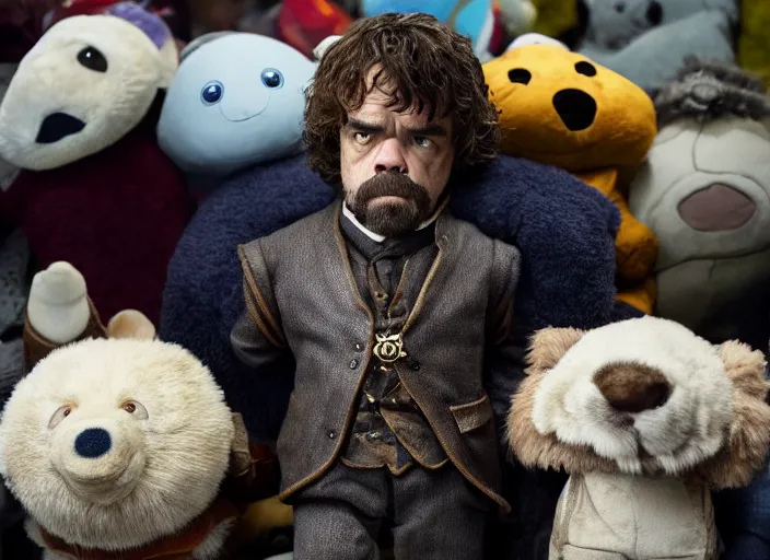 Prompt: peter dinklage hiding in stuffed animals at night, movie still, from the new toys r us movie, 8 k, realistic