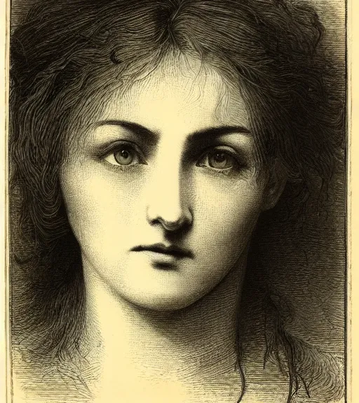 Prompt: black and white, portrait of a woman face in forest, extreme close-up, Gustave Dore lithography