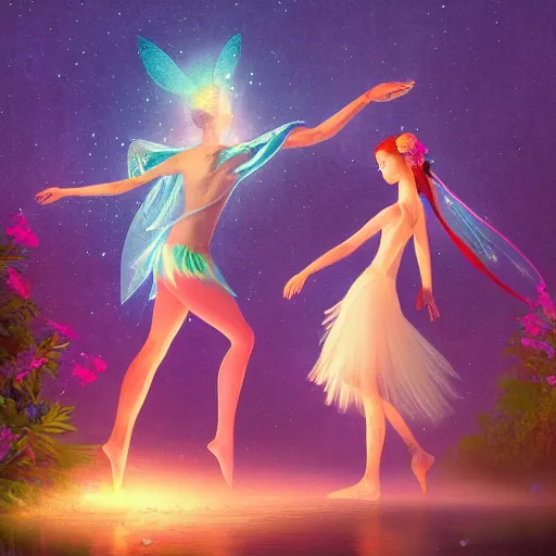 Prompt: a flower and magical fairy dancing in a river with de moon glow in the background vibrant lighting, elegant, highly detailed, smooth, sharp focus, illustration, beautiful, geometric, trending on artstation, full body, cinematic, artwork by Borovikovsky