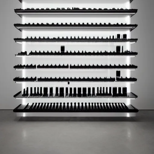 Prompt: a dezeen showroom, archdaily, minimalissimo photo of synthesizers by john pawson & virgil abloh & Patricia Urquiola