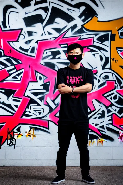 Prompt: asian guy with oni mask stand in front of wall with full of graffiti tag and mural, photorealistic, smooth, 4 k, aesthetic lighting, baroque object, facial features, hyperdetailed, professional photography, pullitzer winning, photo by : canon eos 5 d mark iv, by karah mew and adnan abidi and jodie bateman