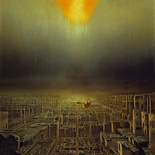 Prompt: a city being annihilated by nuclear hellfire, painted by zdzislaw beksinski, melancholy