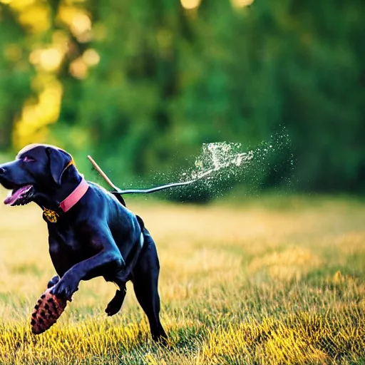 Prompt: black lab chasing a stick through a field of hotdogs, golden hour, very detailed, 4 k