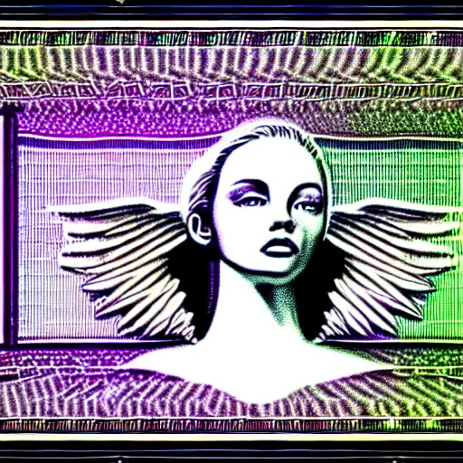 Image similar to vhs static overlay of angel apparition, money notes falling like confetti, vhs, 1 9 9 0, highly realistic, highly detailed, vhs noise static, black and white, vhs glitch