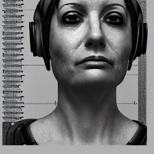 Image similar to grainy illustration of an ugly woman, wearing bionic implants, cyborg!!!! criminal!!!!, (((((high tech, cyberpunk))))), mugshot!!!!