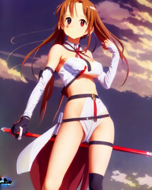 Prompt: very cute photo of asuna from sao, asuna by a - 1 pictures, by greg rutkowski, gil elvgren, enoch bolles, glossy skin, pearlescent, anime, maxim magazine, vert coherent