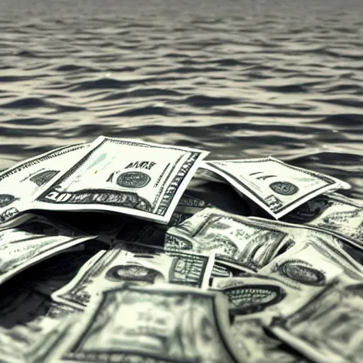 Prompt: a picture of a wet pile of money, in the ocean, there is rain