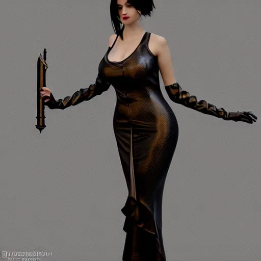 Image similar to curvy feminine hot goth cutie with sublime modest elegant patterned bronze-black snakeskin leather neck-high gown, cgsociety, photorealistic, comfy ambience, idealistic, 16k, smooth, sharp focus, trending on ArtStation, volumetric lighting, fully clothed, worksafe