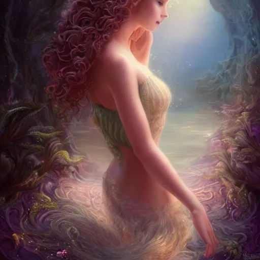 Image similar to beautiful mermaid with curly hair, magical details, magical atmosphere, digital art, concept art, devianart, cinematic lighting, hyper - detailed, cgsociety, 3 - d 8 k, high resolution, in the style of charlie bowater, tom bagshaw, alexis franklin, elena masci, pawel rebisz