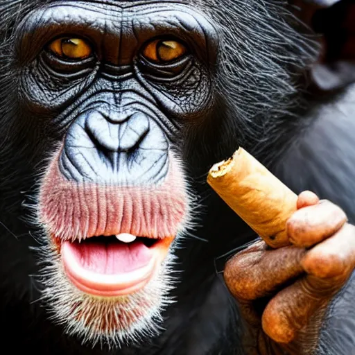 Image similar to a high detail closeup shot of a chimp wearing a suit, smoking a cigar