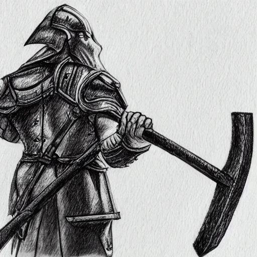 Image similar to a Ballpoint pen art sketch of an executioner holding a big axe, full body