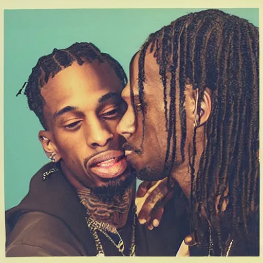 Image similar to studio photo of jesus kissing travis scott, studio portrait