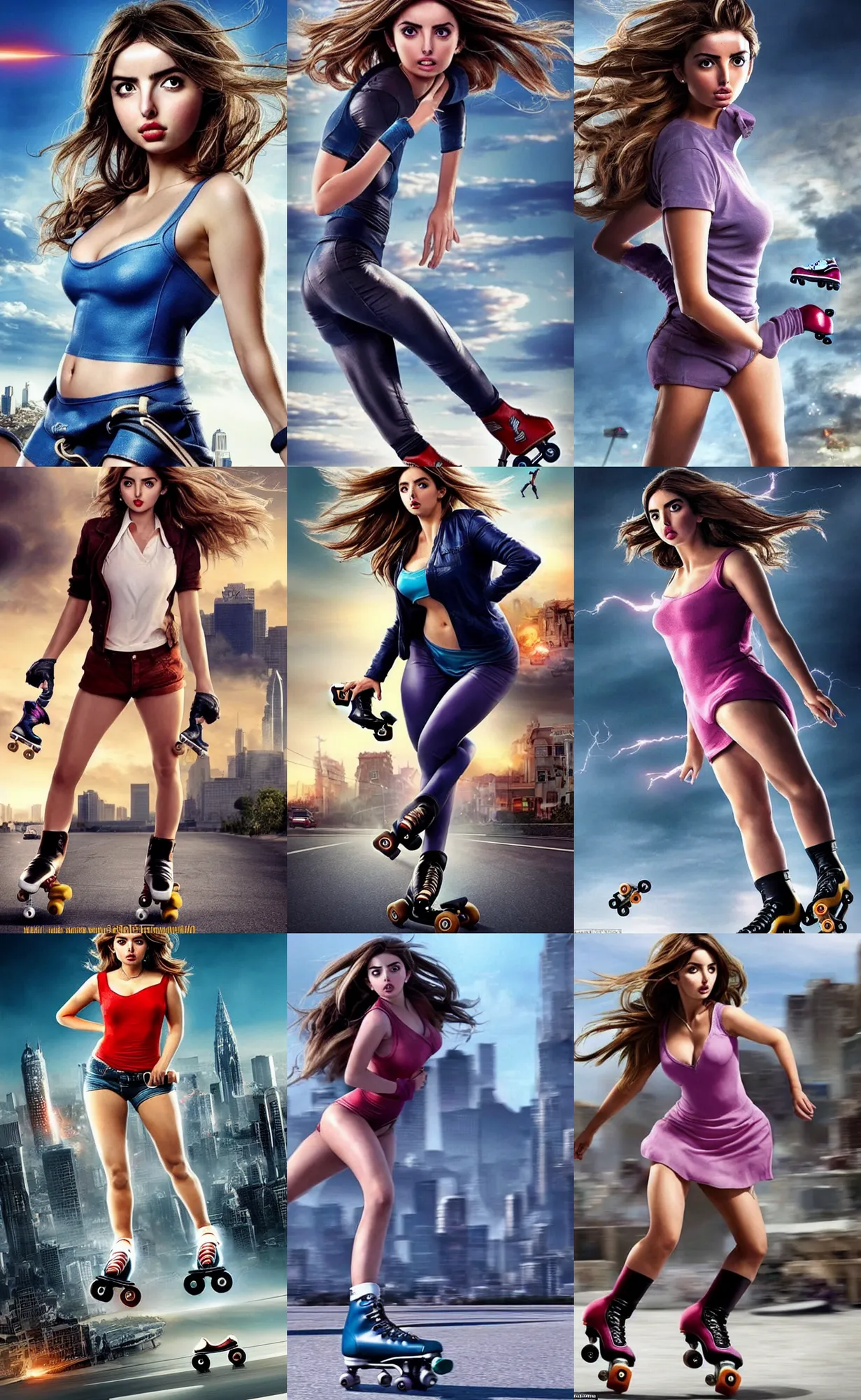 Prompt: gorgeous!! hyper - realistic giant woman resembling ana de armas on roller skates destroying a city