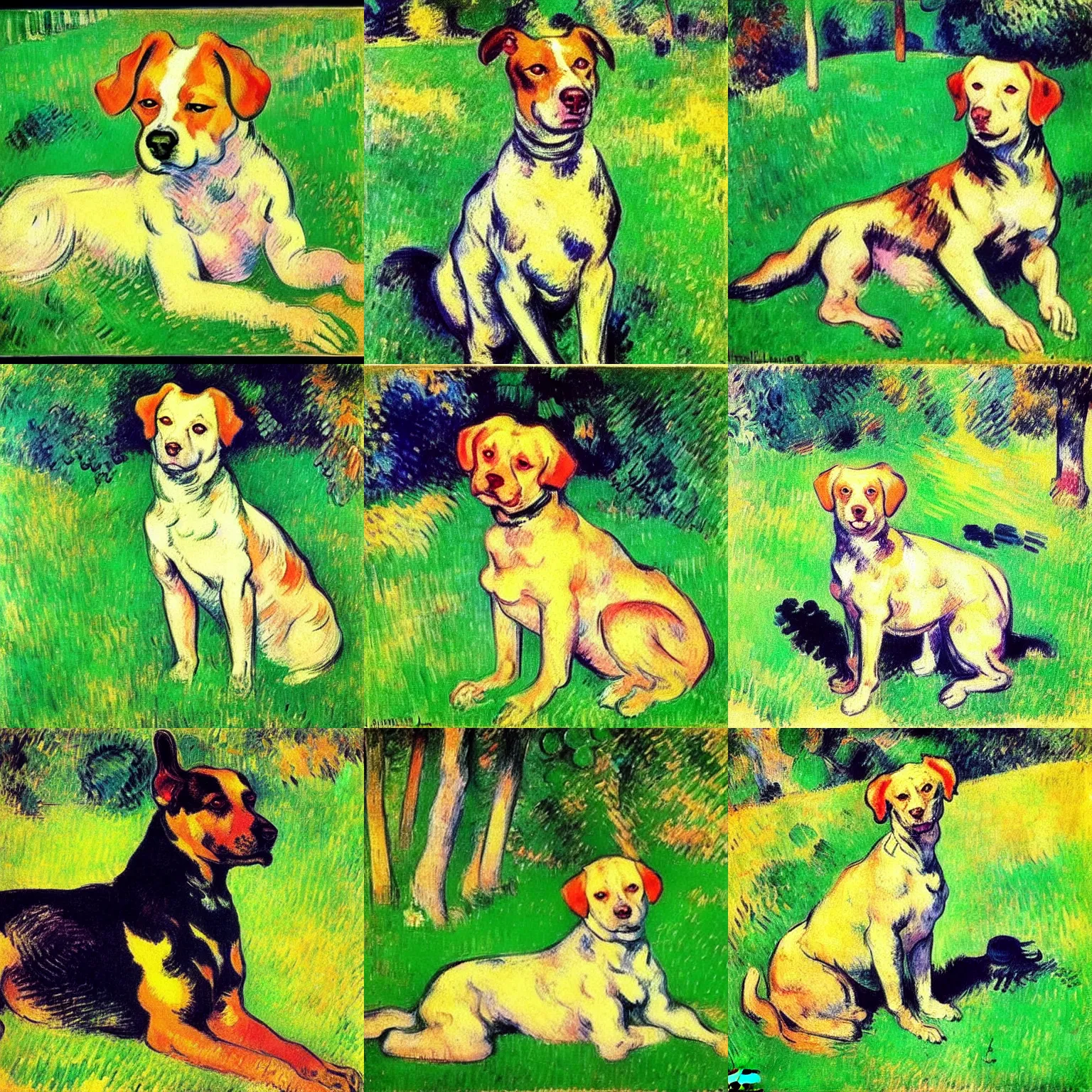 Prompt: beautiful cute portrait post - impressionist painting of a dog in the grass, by henri de toulouse - lautrec, camille pissarro, paul cezanne, henri rousseau, vincent van gogh, henri - edmond