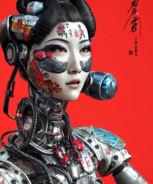 Image similar to an epic fantastic realism comic book style portrait painting of a japanese robotic geisha with kanji tattoos and decals, apex legends, octane render, intricate detail, 4 k hd, unreal engine 5