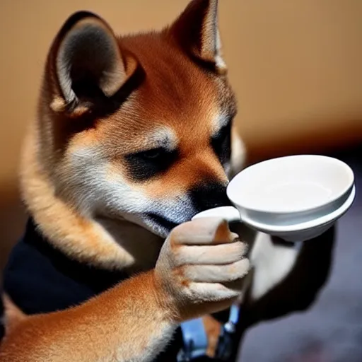 Prompt: a Shiba inu drinking coffee like a gentleman, realistic