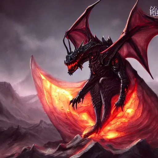 Image similar to dark fantasy concept of a vampire dragon god, with dark matter and molten armor on a mountain, cinematic, dynamic lighting, photorealistic, ultra detailed, trending on art station, stunning visuals, creative, hyper detailed