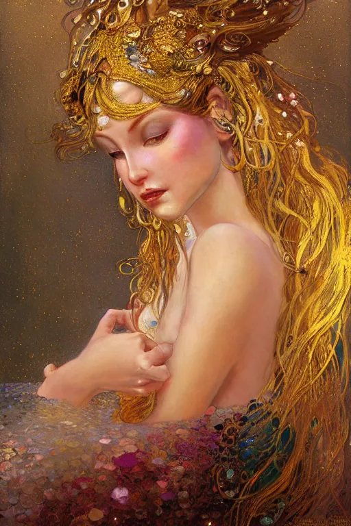 Image similar to an intricate painting of a beautiful young mermaid with klimt golden motives and textures, hyper detailed, ornamental gold headpiece, octane render, vivid colors, artstation, by jeremy mann, by alphonse mucha, by boris vallejo