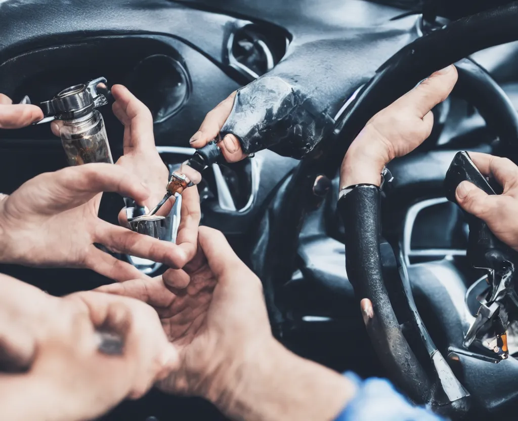 Prompt: first person point of view of man holding gasoline with his hand in a car