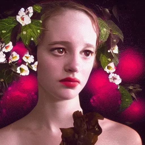 Image similar to movie still of the girl with the flowers head, cinematic composition, cinematic light, by edgar wright and david lynch, surrealist art, surreal wave art