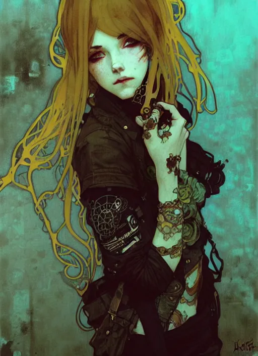 Image similar to highly detailed portrait of a moody sewerpunk young adult lady by krenz cushart, by artem demura, by alphonse mucha, by kaethe butcher, gradient yellow, black, brown and cyan color scheme, grunge aesthetic!!! ( ( graffiti tag city background ) )