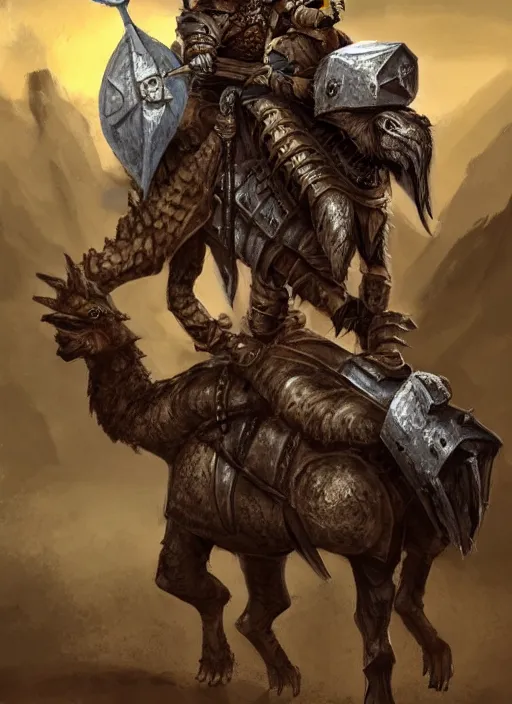 Image similar to Gnoll, metal armor, holding a lance, riding a camel, facing the camera, D&D, fantasy, digital art, realistic, artstation