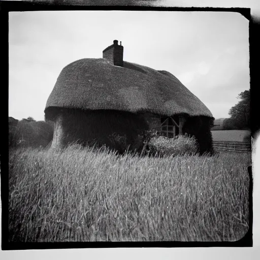 Prompt: Holga 120N, 35mm, English countryside, white thatched cottage, ghost stood outside
