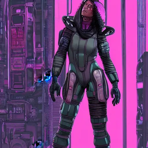 Image similar to cyberpunk mechanic lady in a jumpsuit with robotic feet. pink and black color scheme. concept art by james gurney and mœbius. apex legends character art. gorgeous face.