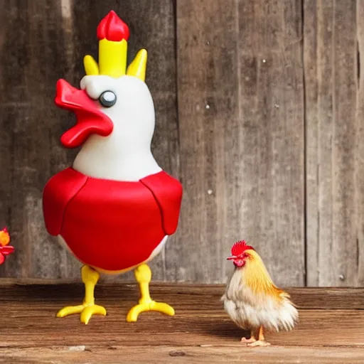 Prompt: there is a rooster in a barnyard standing near a small light-colored downy baby chick standing alone near a birthday cake with 3 normal birthday candles